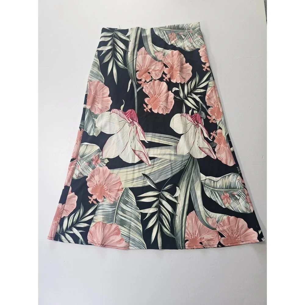 Rachel Zoe Floral Midi Skirt Womens 4 Navy Pink Tropical Palm Summer‎ Resort